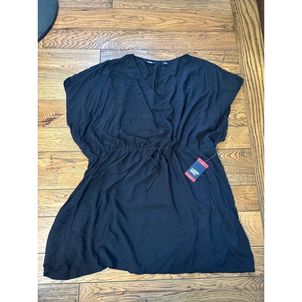 Lands End Womens Black V-Neck Drawstring Waist Swim Cover-Up Dress XL/XXL NEW